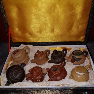 Miniature Teapot Set Of 8 Vintage Clay Teapots in Satin Lined box from China